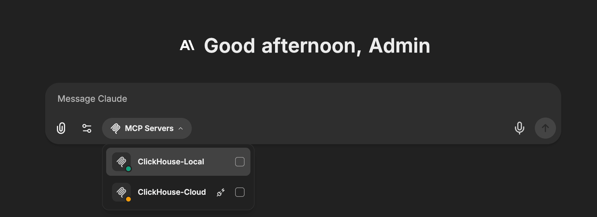 The MCP Servers menu open in the LibreChat composer, showing ClickHouse-Local with a green connected dot and ClickHouse-Cloud