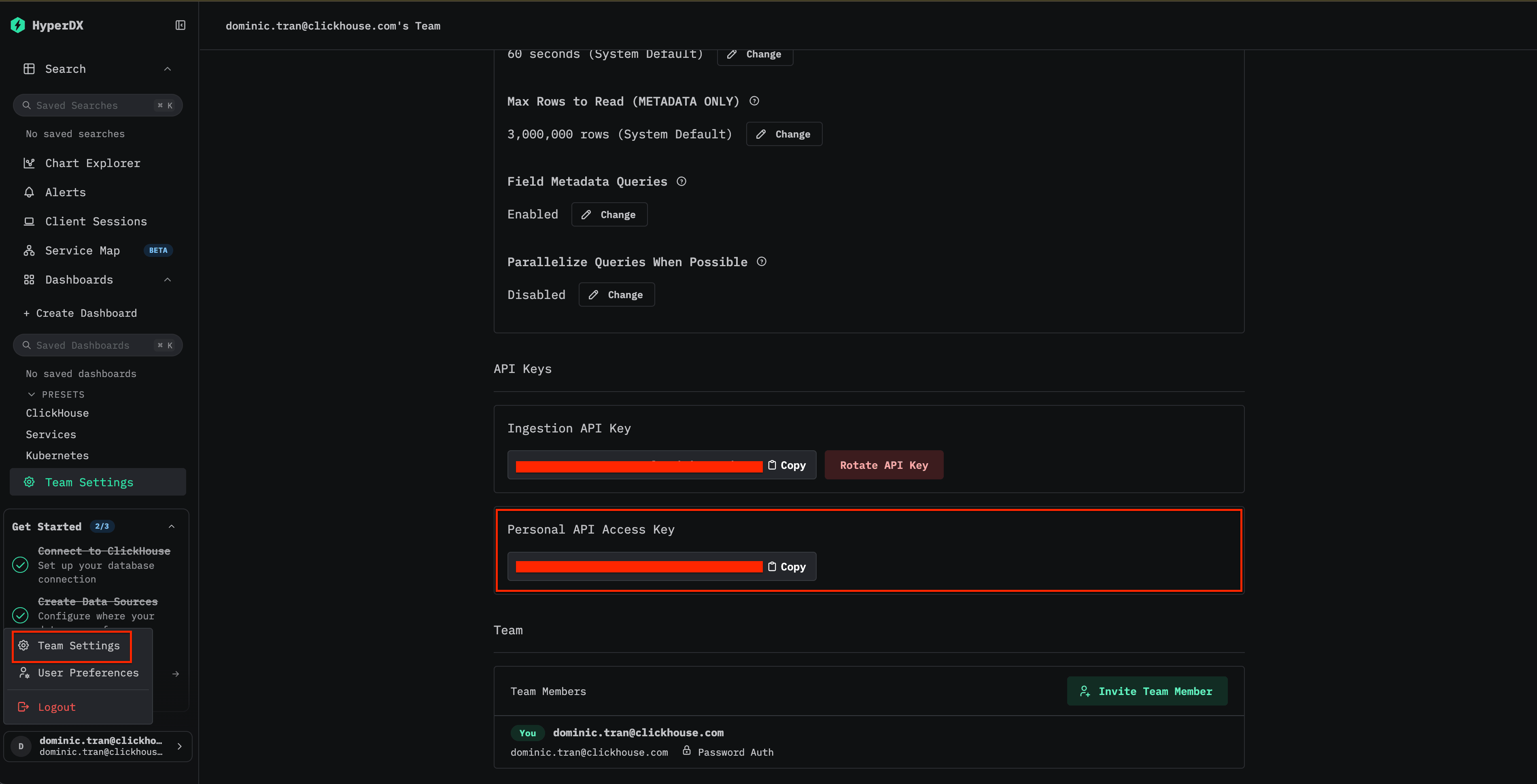 Personal API Access Key in Team Settings