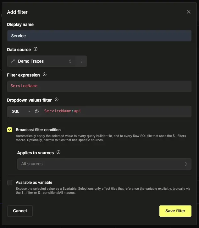 Add filter dialog with Display Name, Data source, and Filter expression fields