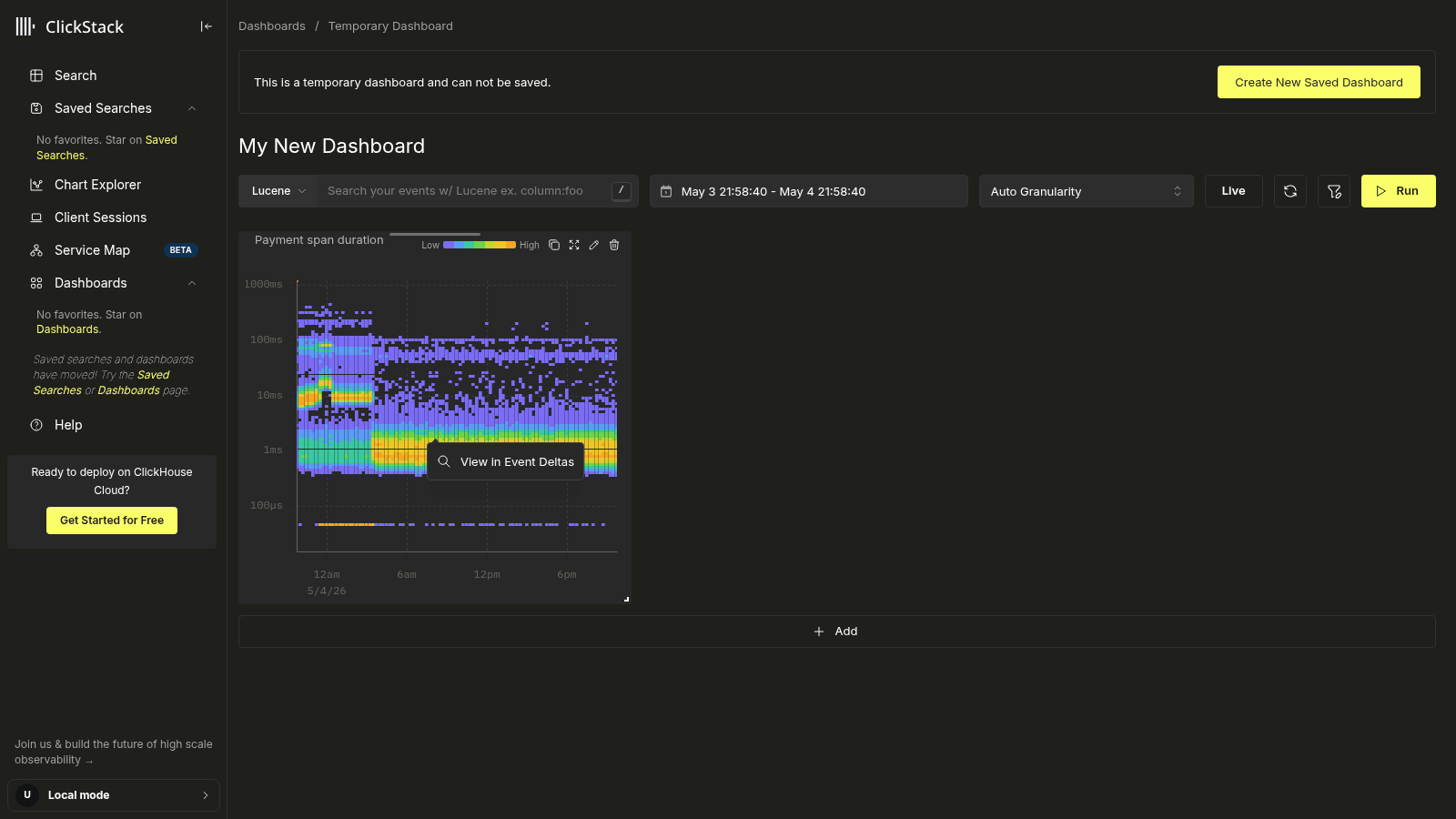 Heatmap cell click revealing the View in Event Deltas action