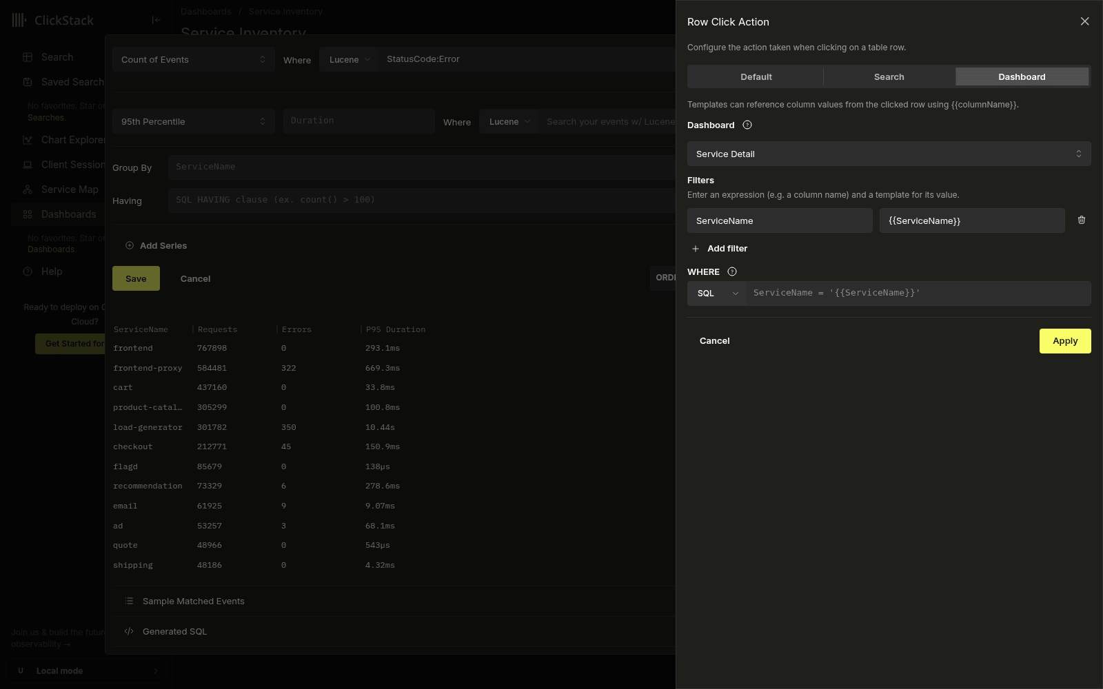 Row Click Action drawer in Dashboard mode, with the Service Detail dashboard selected as the target and a ServiceName filter templated from the clicked row