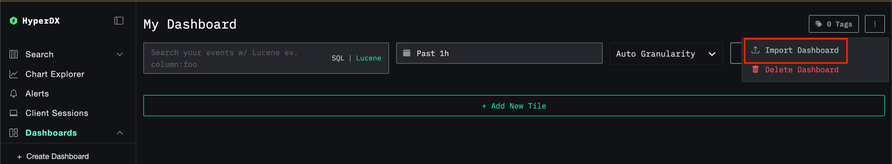 Import dashboard button