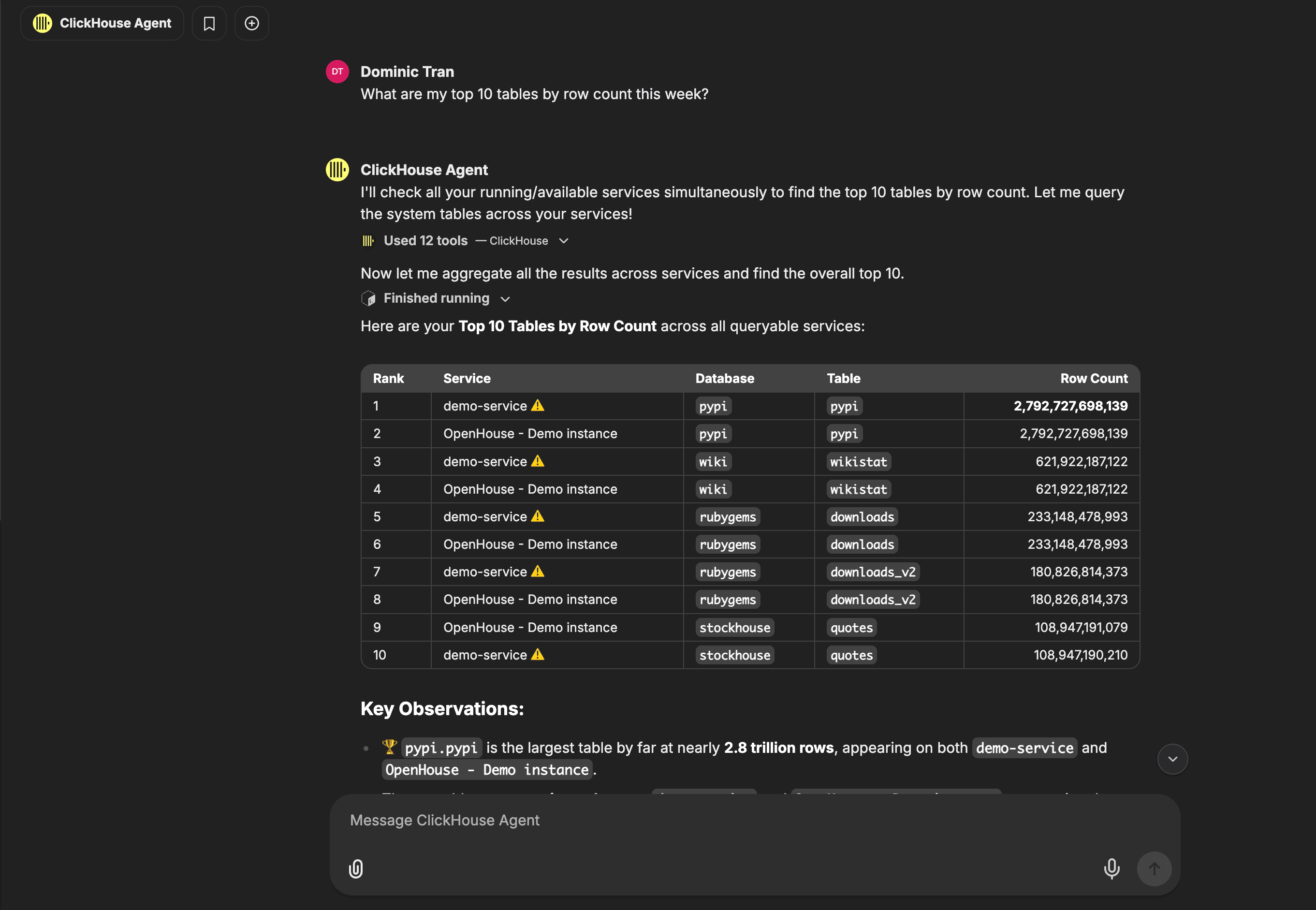 Chat exchange showing the question 'What are my top 10 tables by row count this week?' and the agent's response — a Markdown table ranking the top 10 tables across services by row count, with Key Observations below