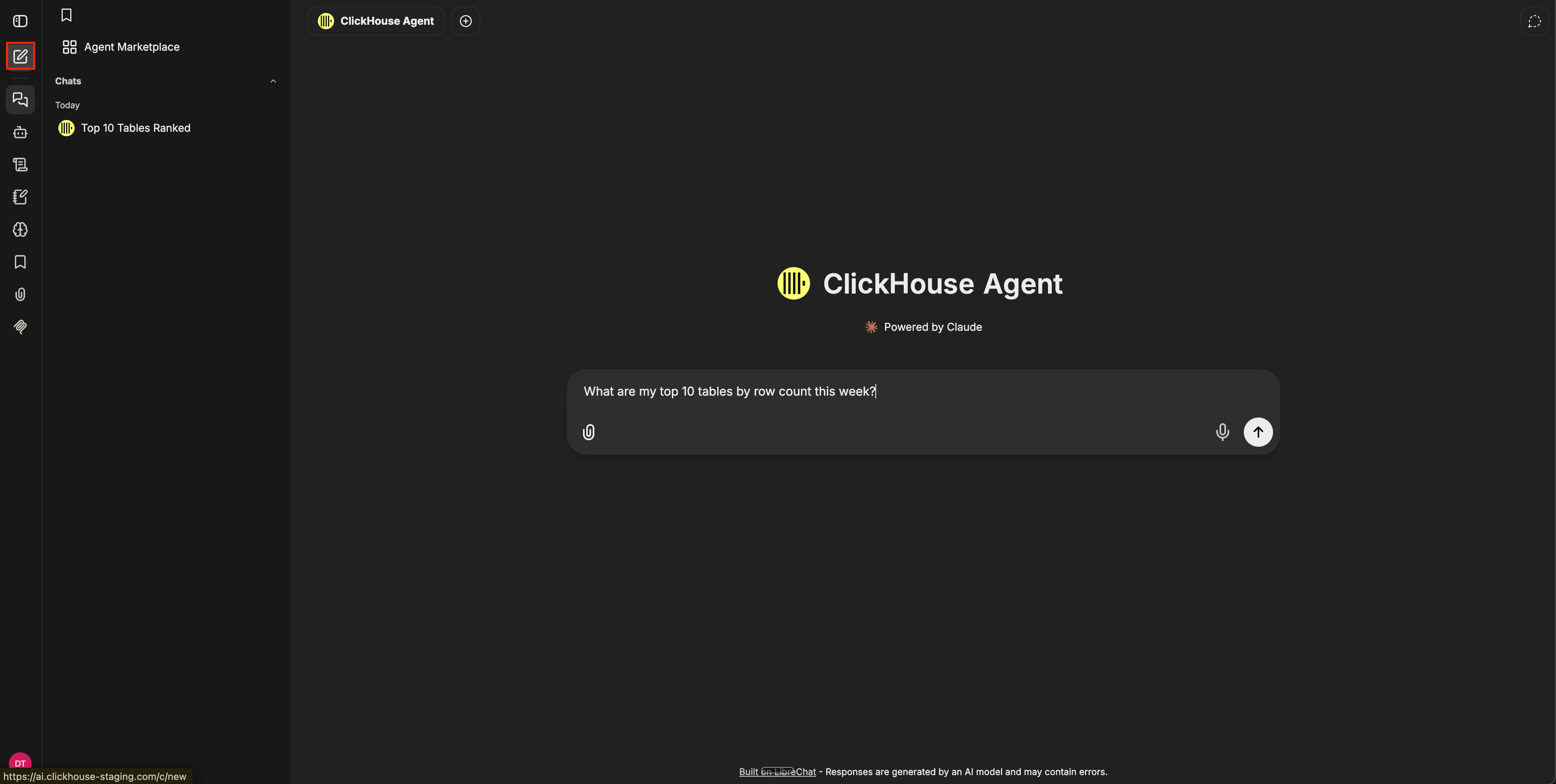 Chat surface with the compose icon highlighted in the left navigation, the sidebar showing the Chats history with a saved Top 10 Tables Ranked conversation, and the composer with a sample question typed