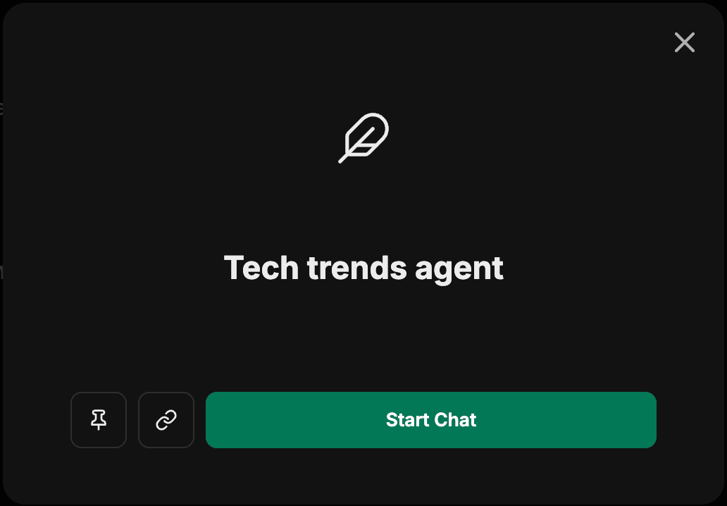Agent detail modal showing the agent name, an icon, and Pin, Copy link, and Start Chat actions
