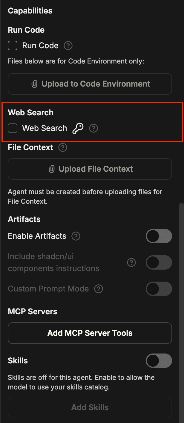 Capabilities panel with the Web Search section highlighted, showing the Web Search checkbox