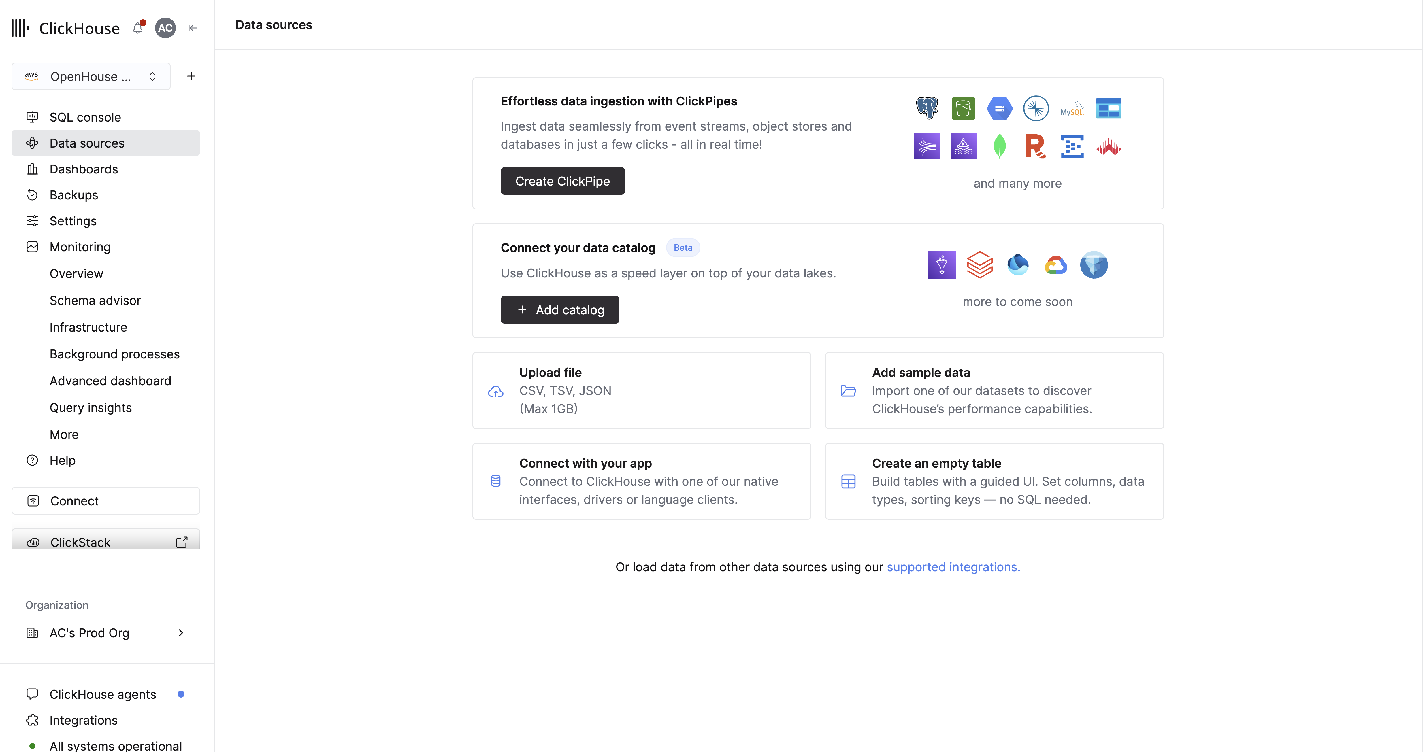 ClickHouse Cloud UI with data catalog integrations