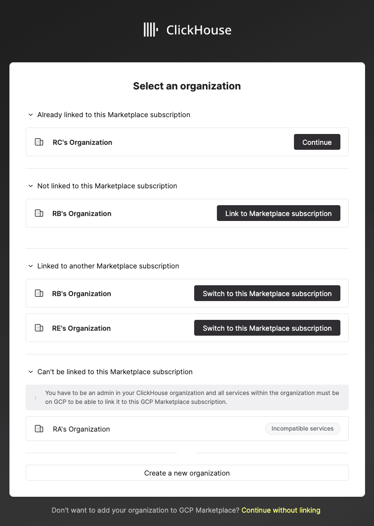ClickHouse Cloud sign up info form