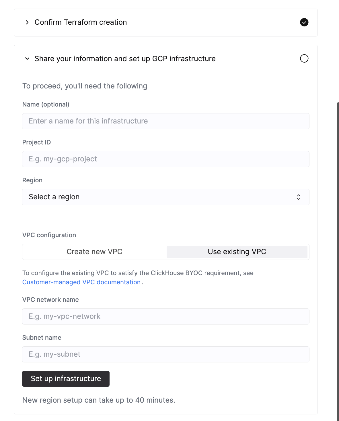 ClickHouse Cloud BYOC setup UI with Use existing VPC selected for GCP