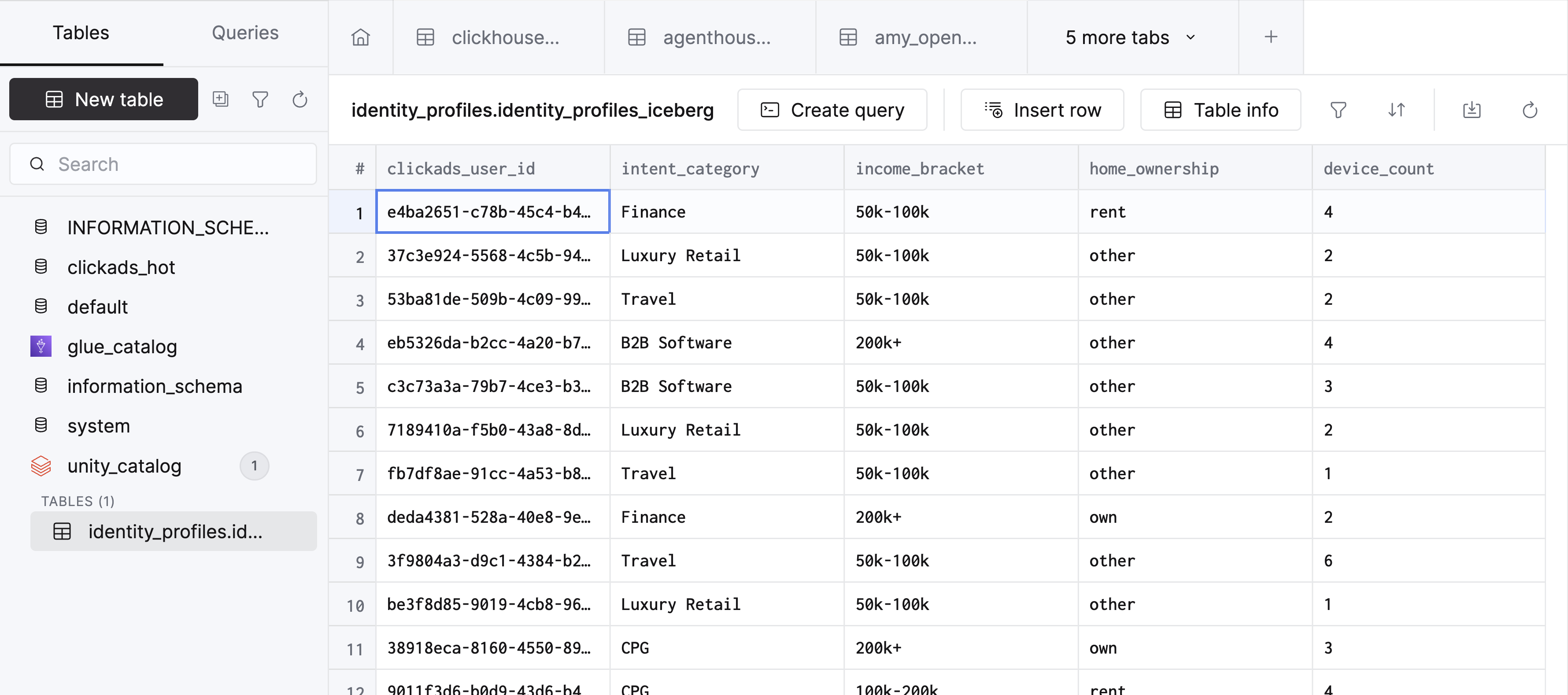 SQL console table browser showing catalog tables