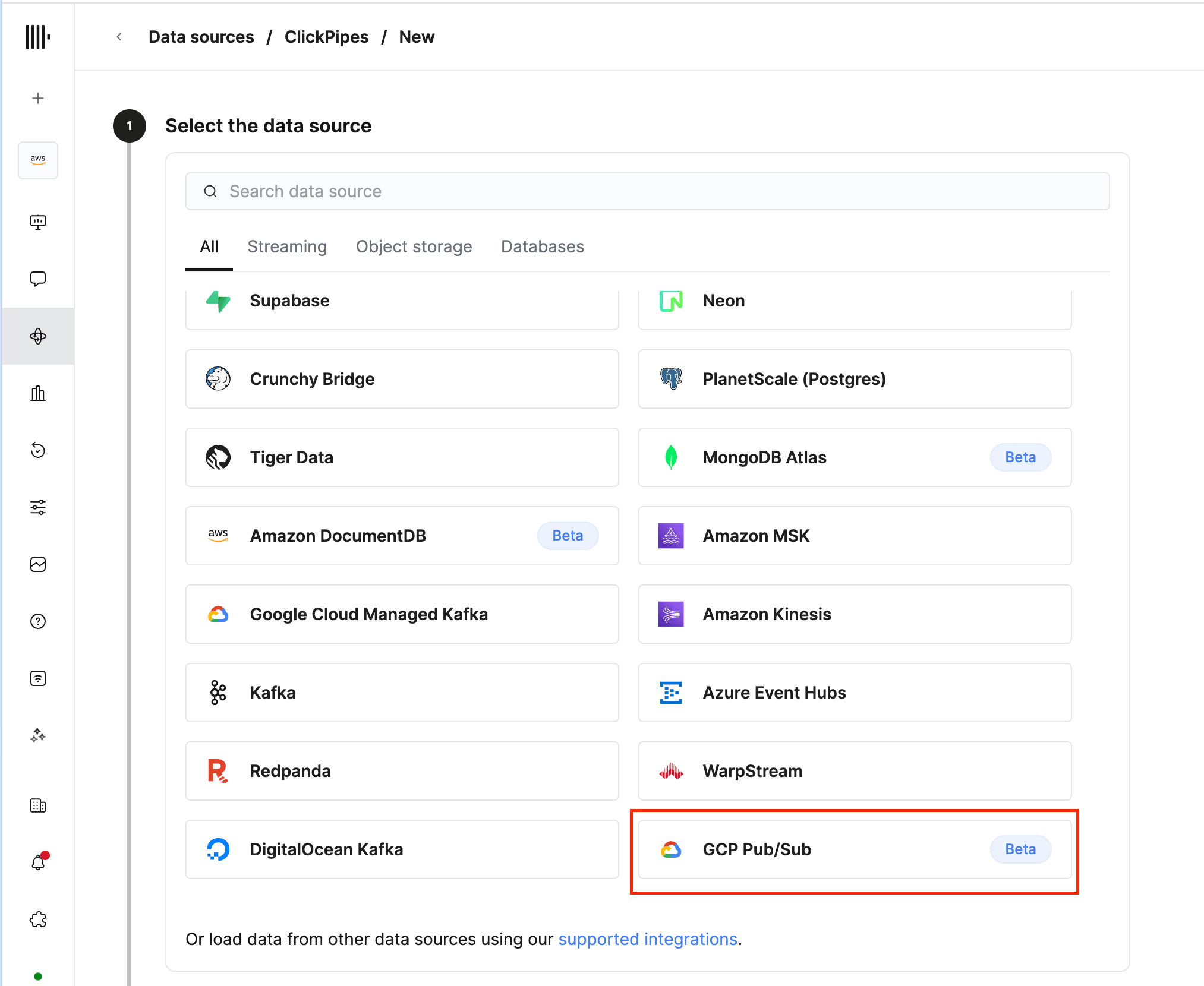 Select GCP Pub/Sub as the data source