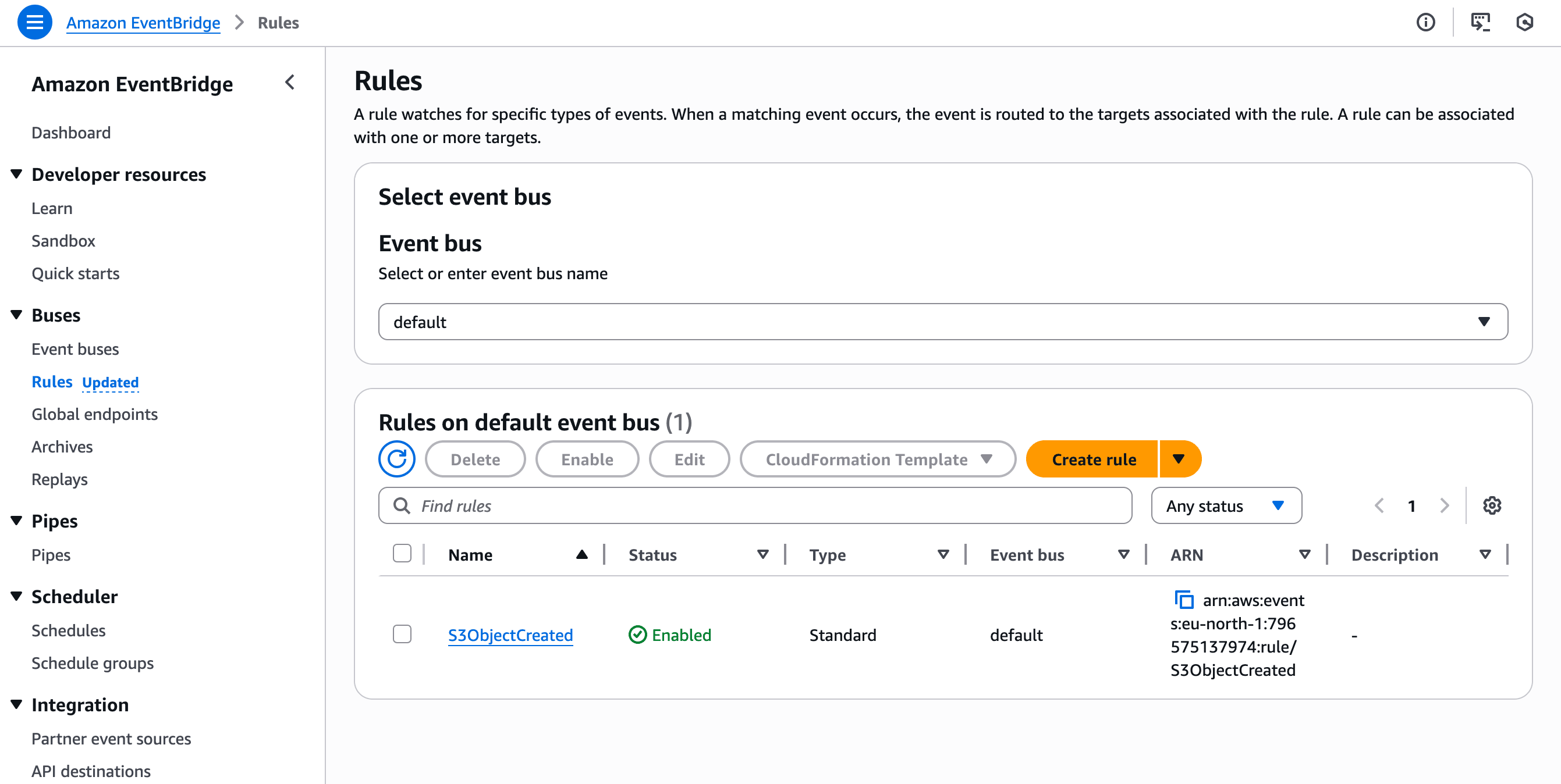 EventBridge rule successfully created