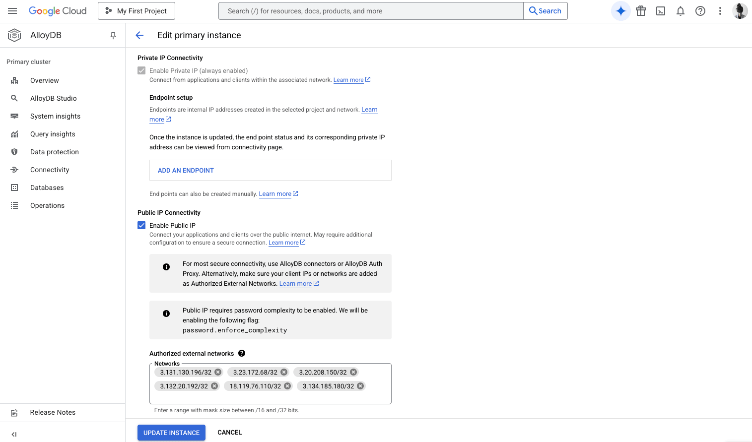 Configure networking for public access with an IP allowlist