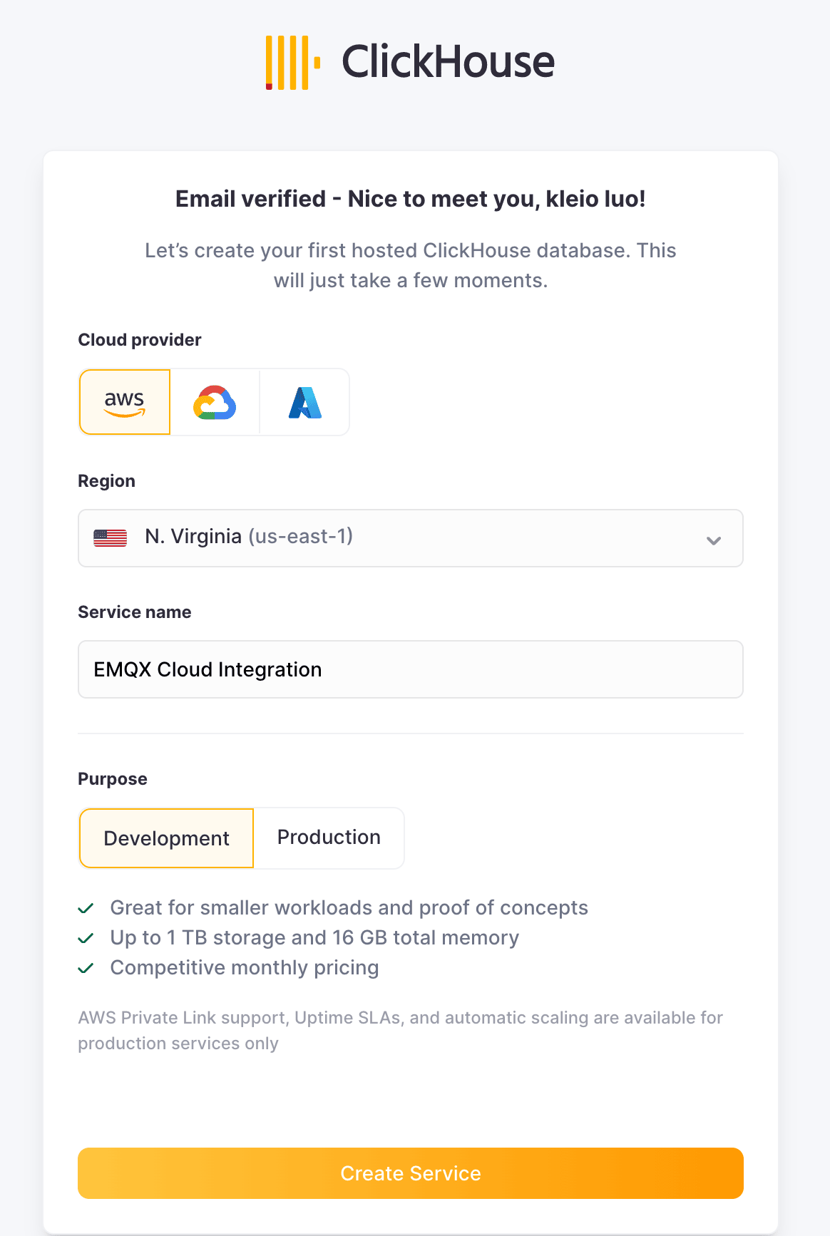 ClickHouse Cloud Service Deployment interface showing AWS region selection