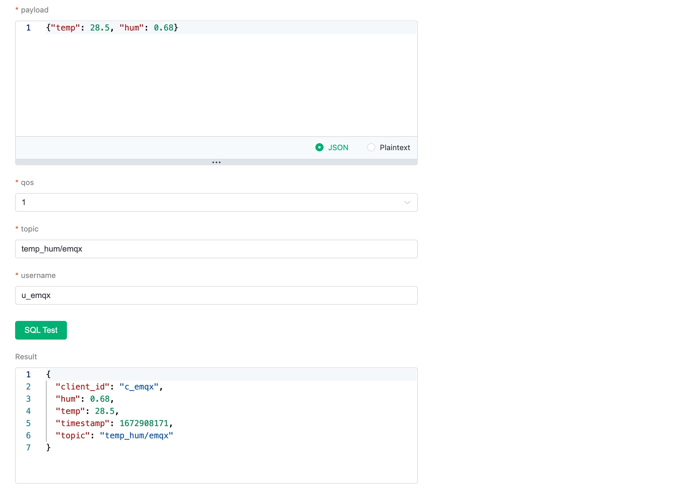 EMQX Cloud Data Integration Rule Creation Step 2 showing test results