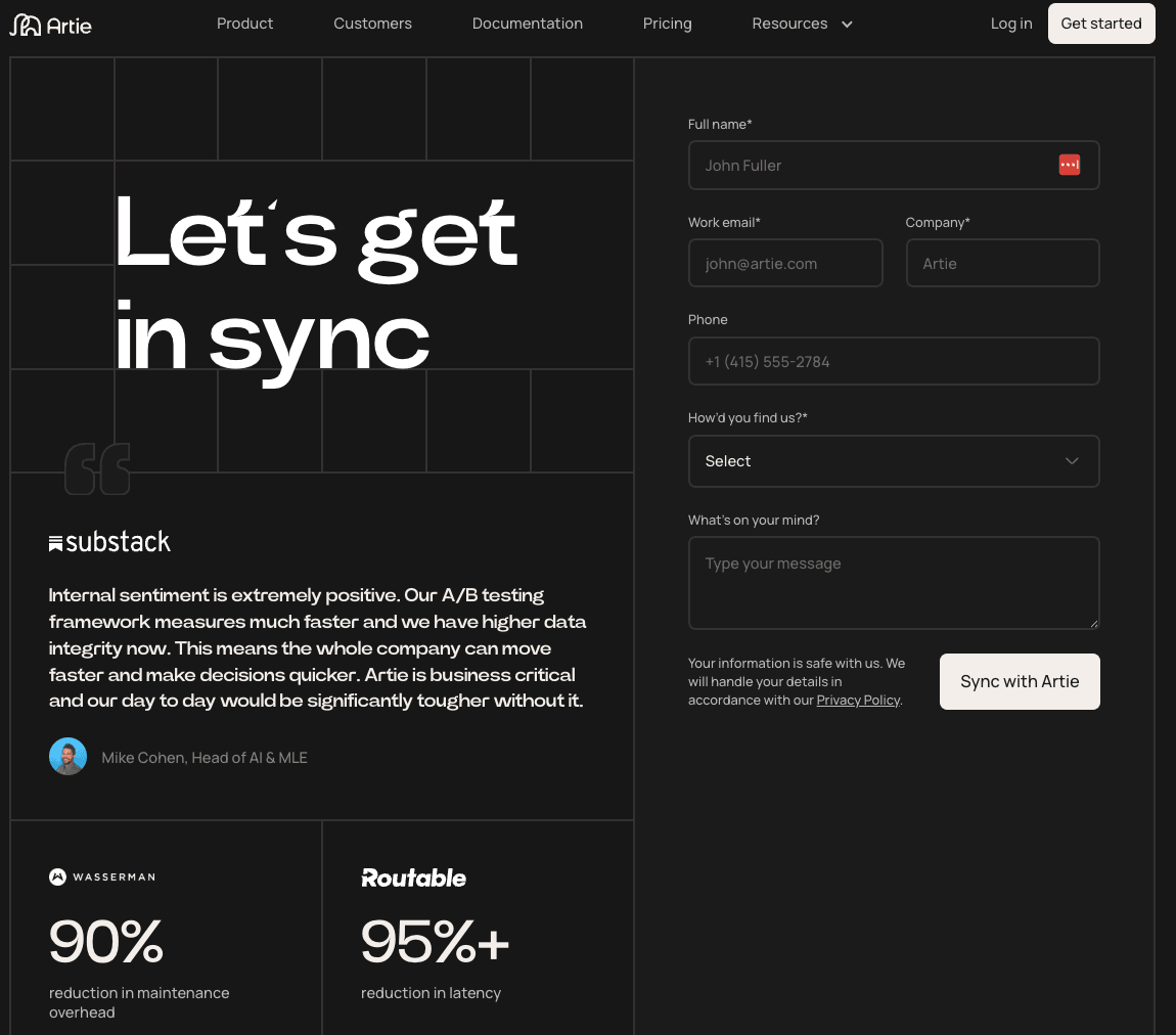 Artie signup page