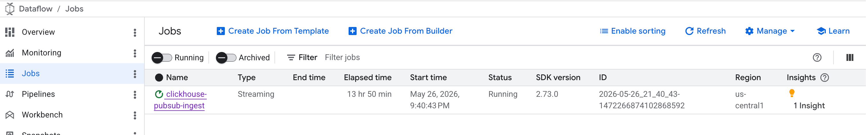 Dataflow console showing a running Pub/Sub to ClickHouse job