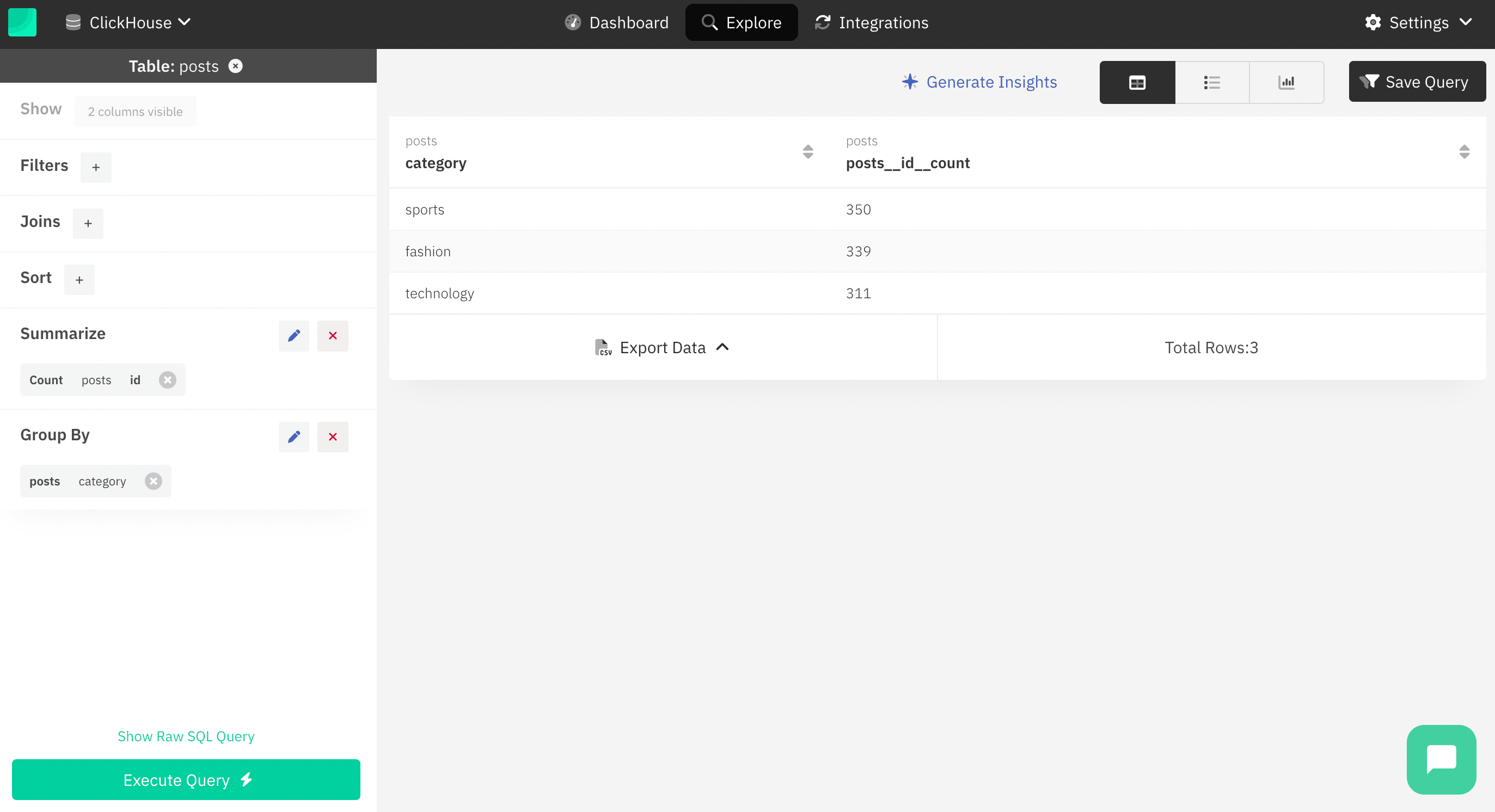 Draxlr data exploration interface showing filters and sorting options