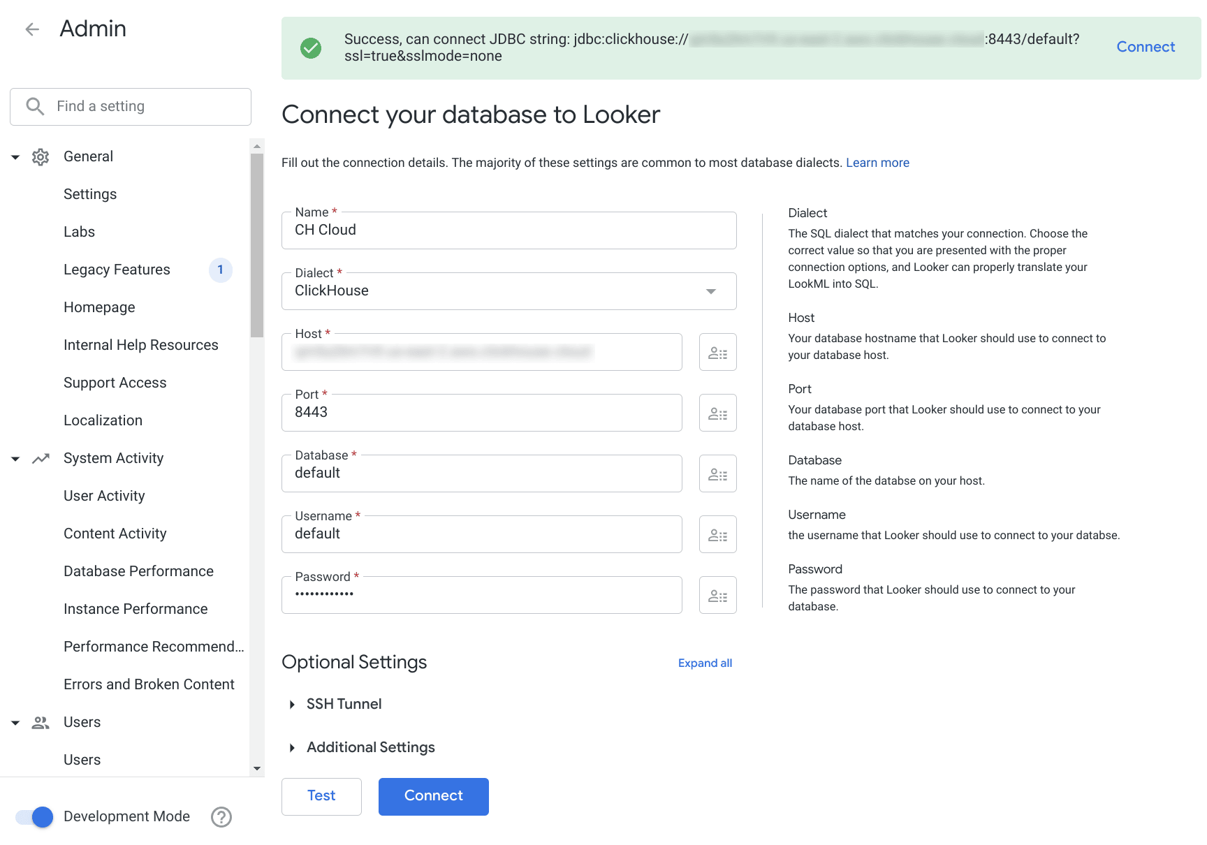 Testing and connecting to the ClickHouse data source