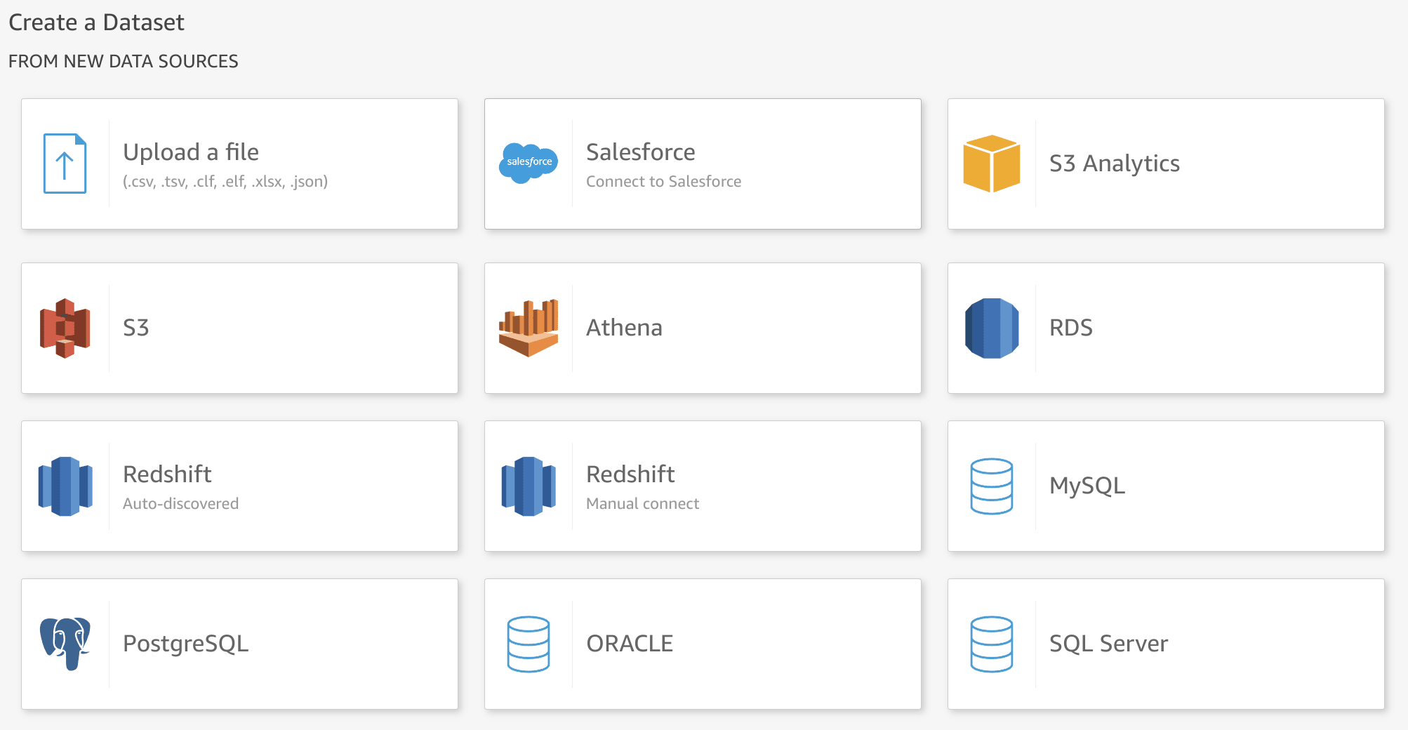 QuickSight data source selection screen with MySQL highlighted in search results