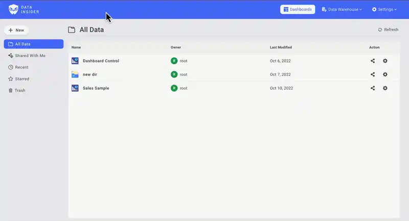 Animation showing the process of creating a new chart in Rocket BI