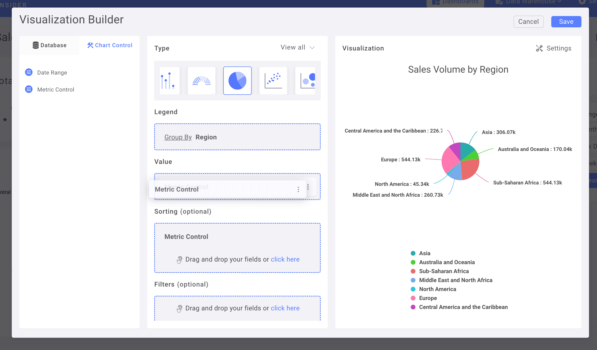 Metrics control being added to the value field of the pie chart