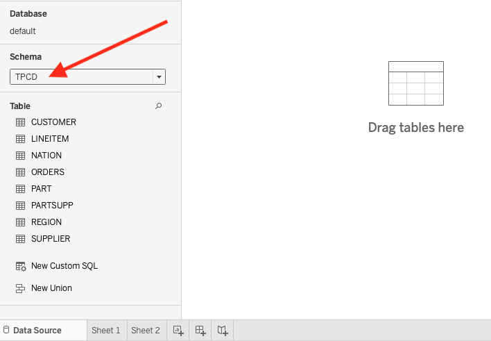 Tableau schema selection showing TPCD database tables including CUSTOMER, LINEITEM, NATION, ORDERS, and others