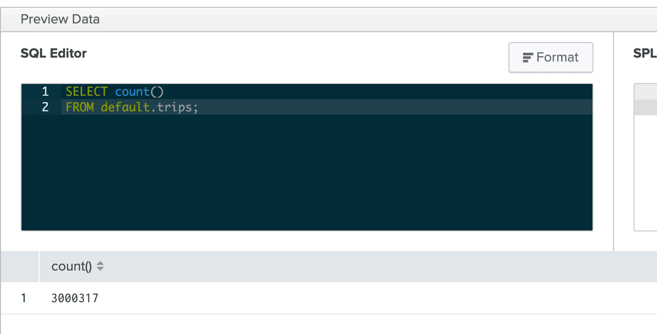 Splunk SQL query execution showing count of records in trips table