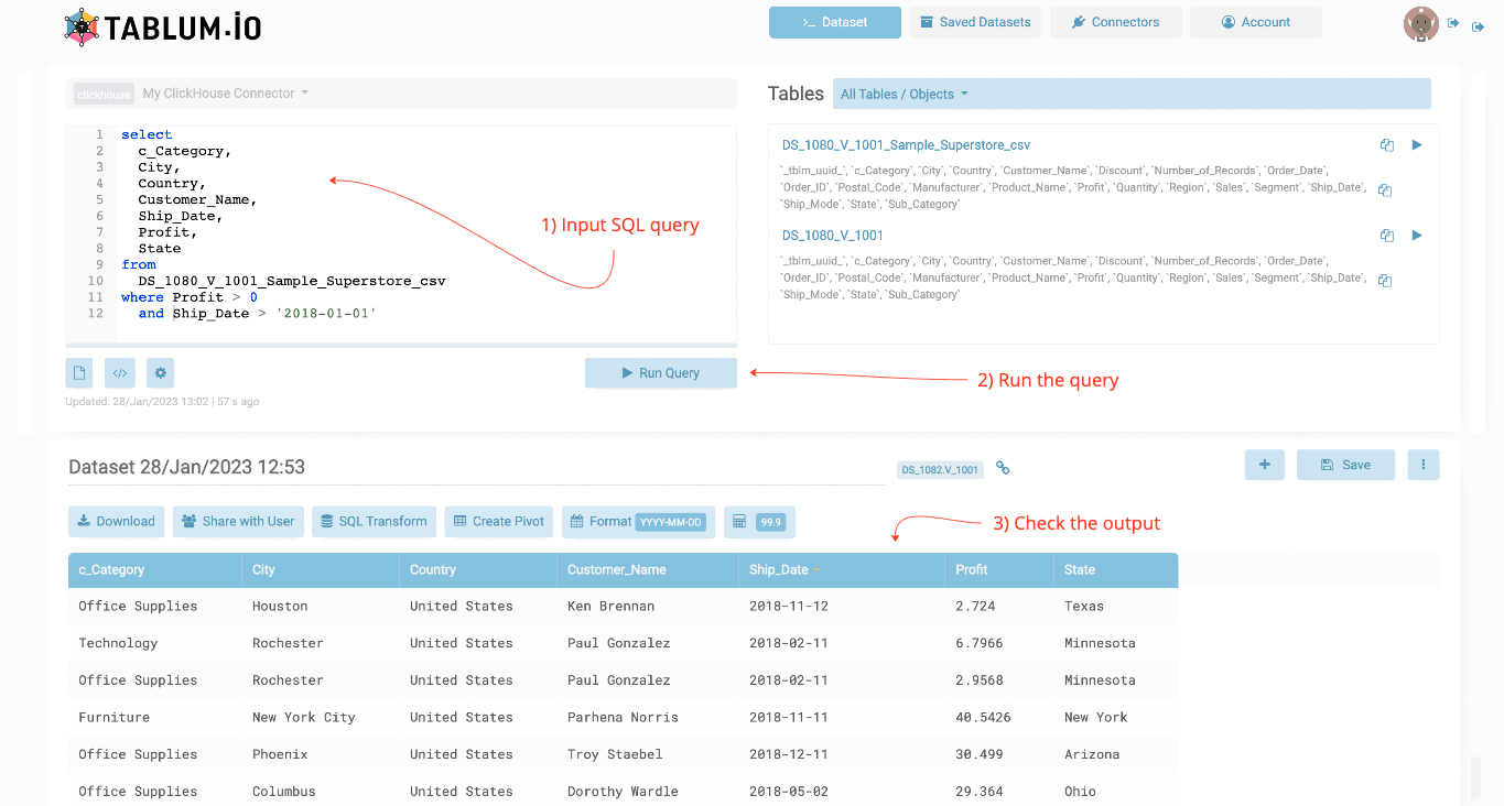 Running a SQL query in TABLUM.IO