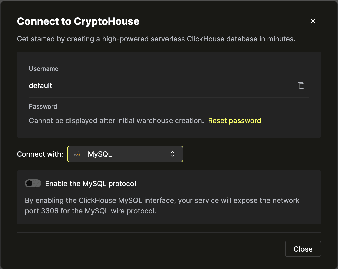 Credentials screen - MySQL selected