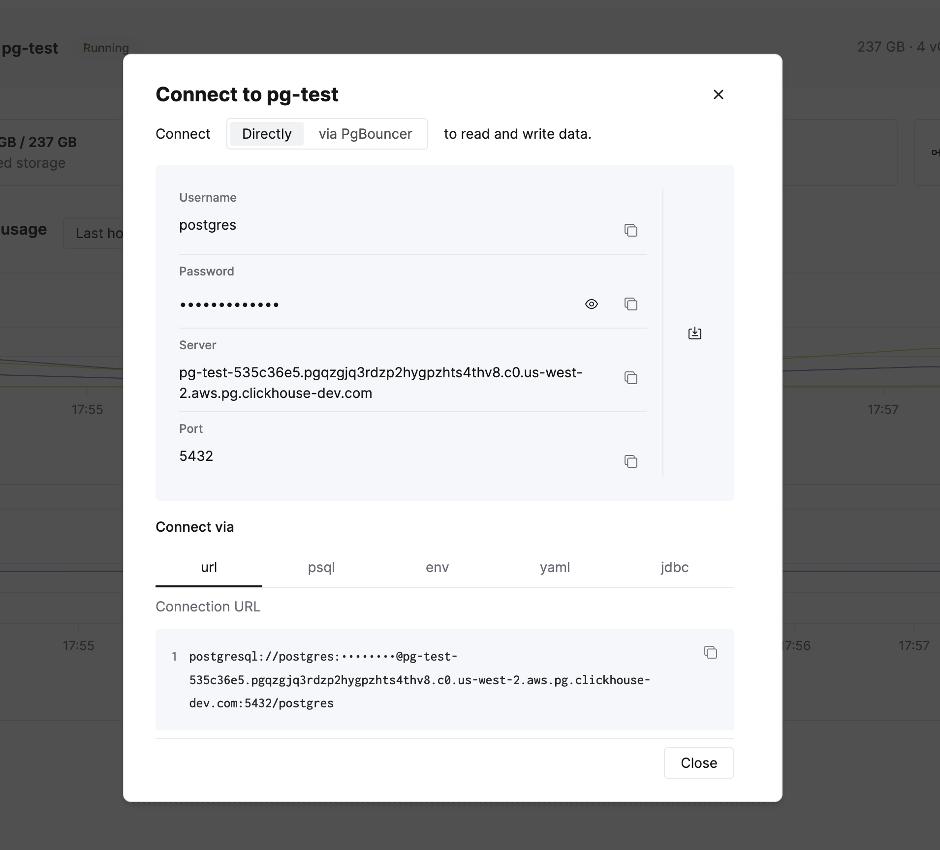 ClickHouse Managed Postgres connect modal
