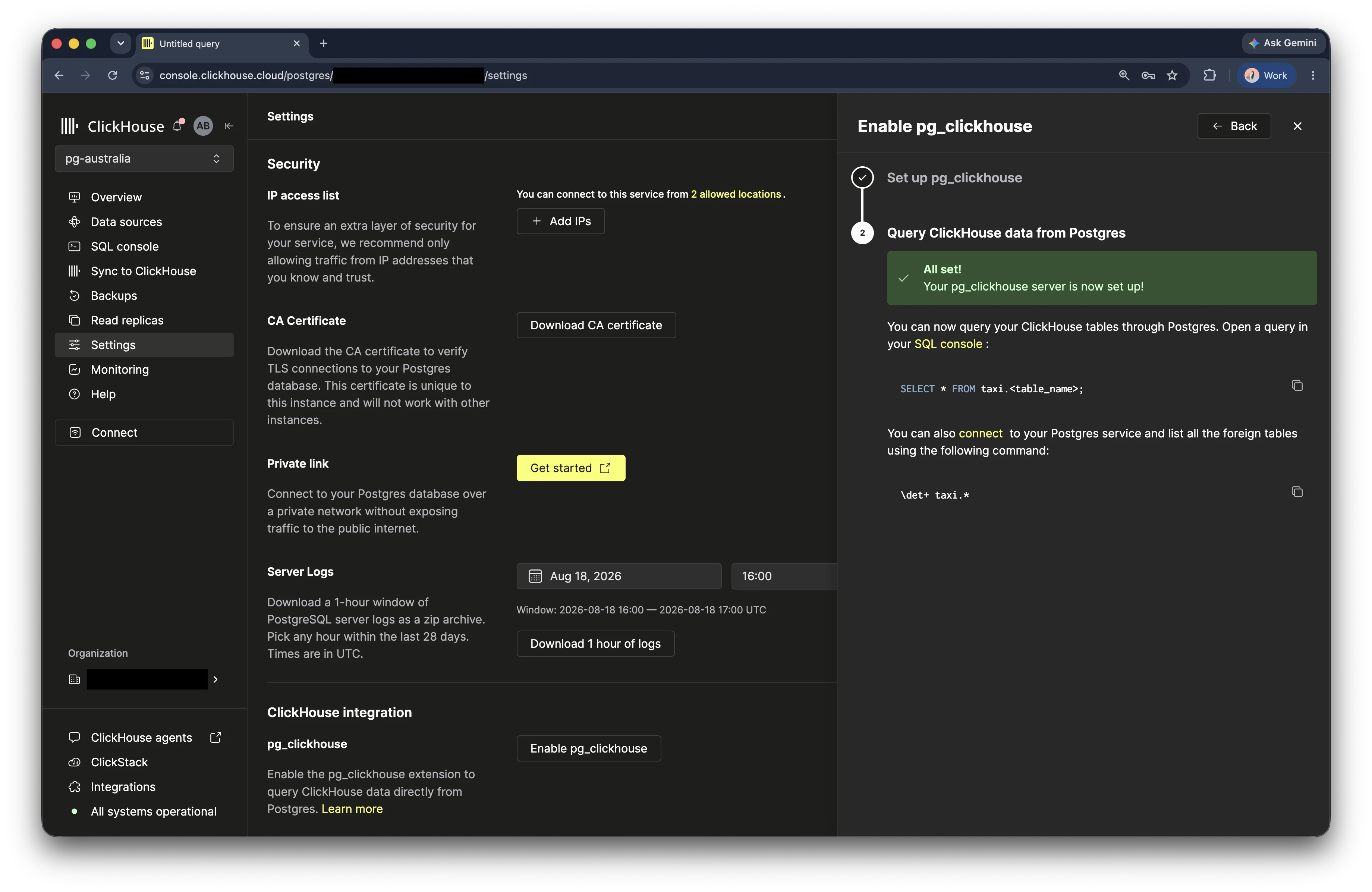 Completed pg_clickhouse setup for the taxi database in the ClickHouse Cloud console