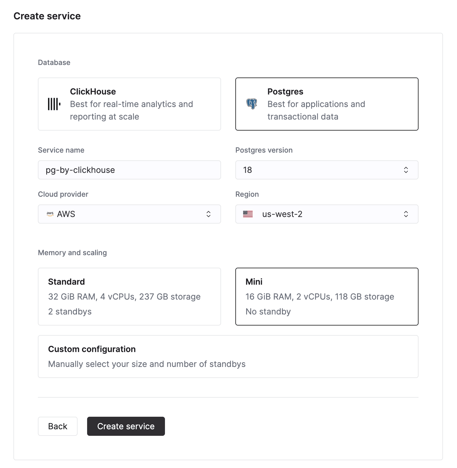 Create ClickHouse Managed Postgres Instance