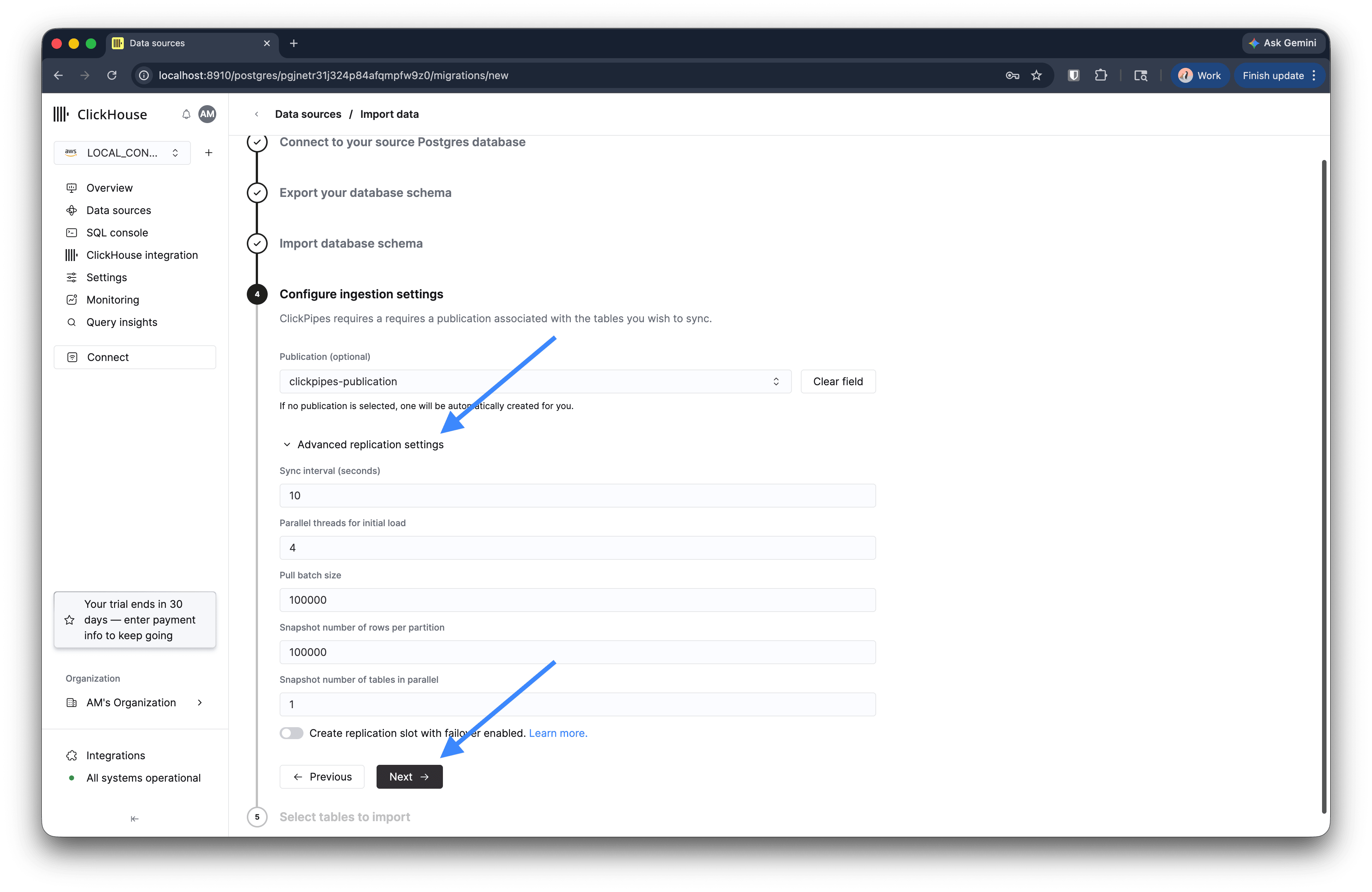 Step 4: ingestion settings form with publication and advanced replication options
