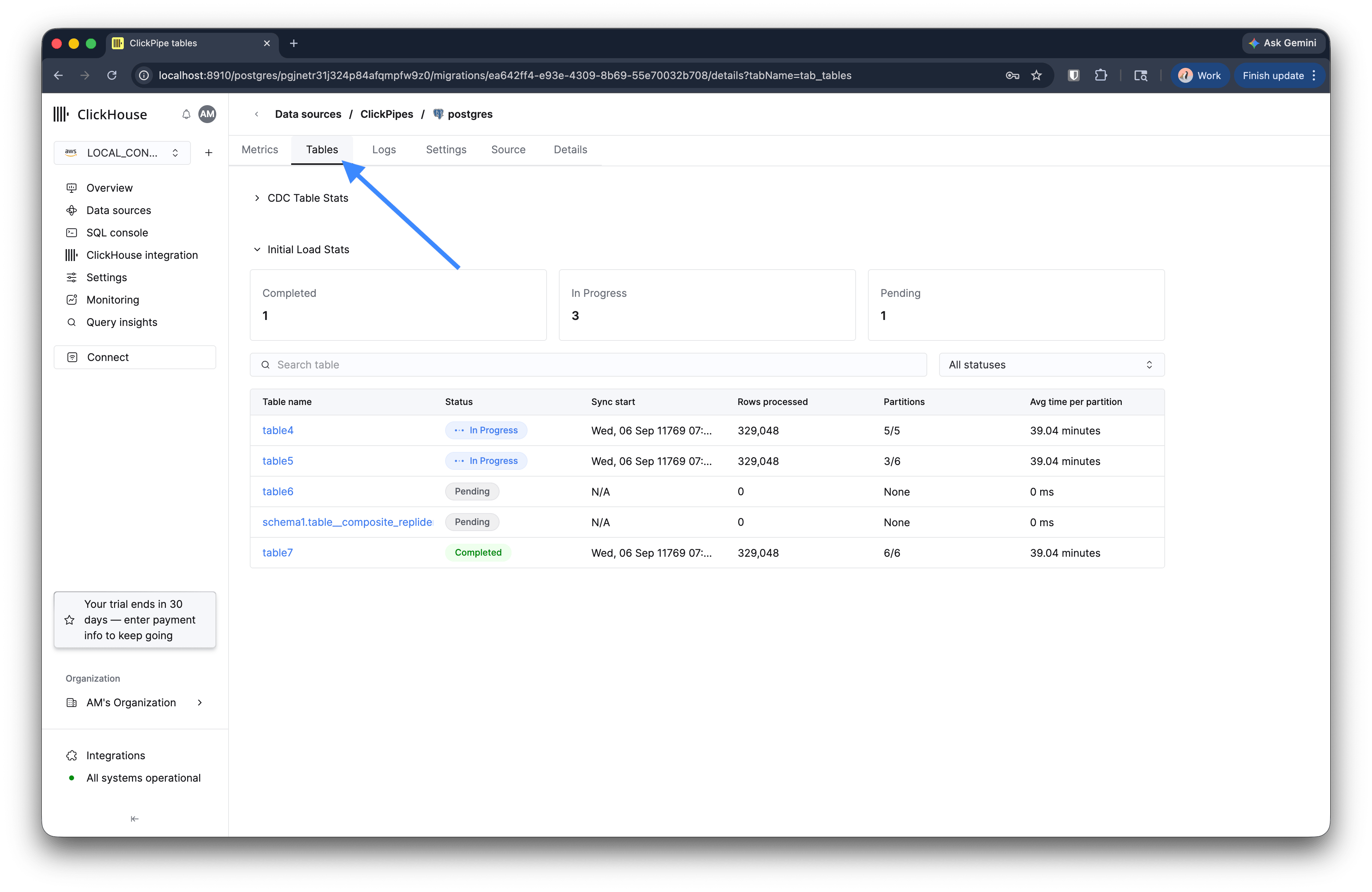 Migration detail view showing initial load stats per table