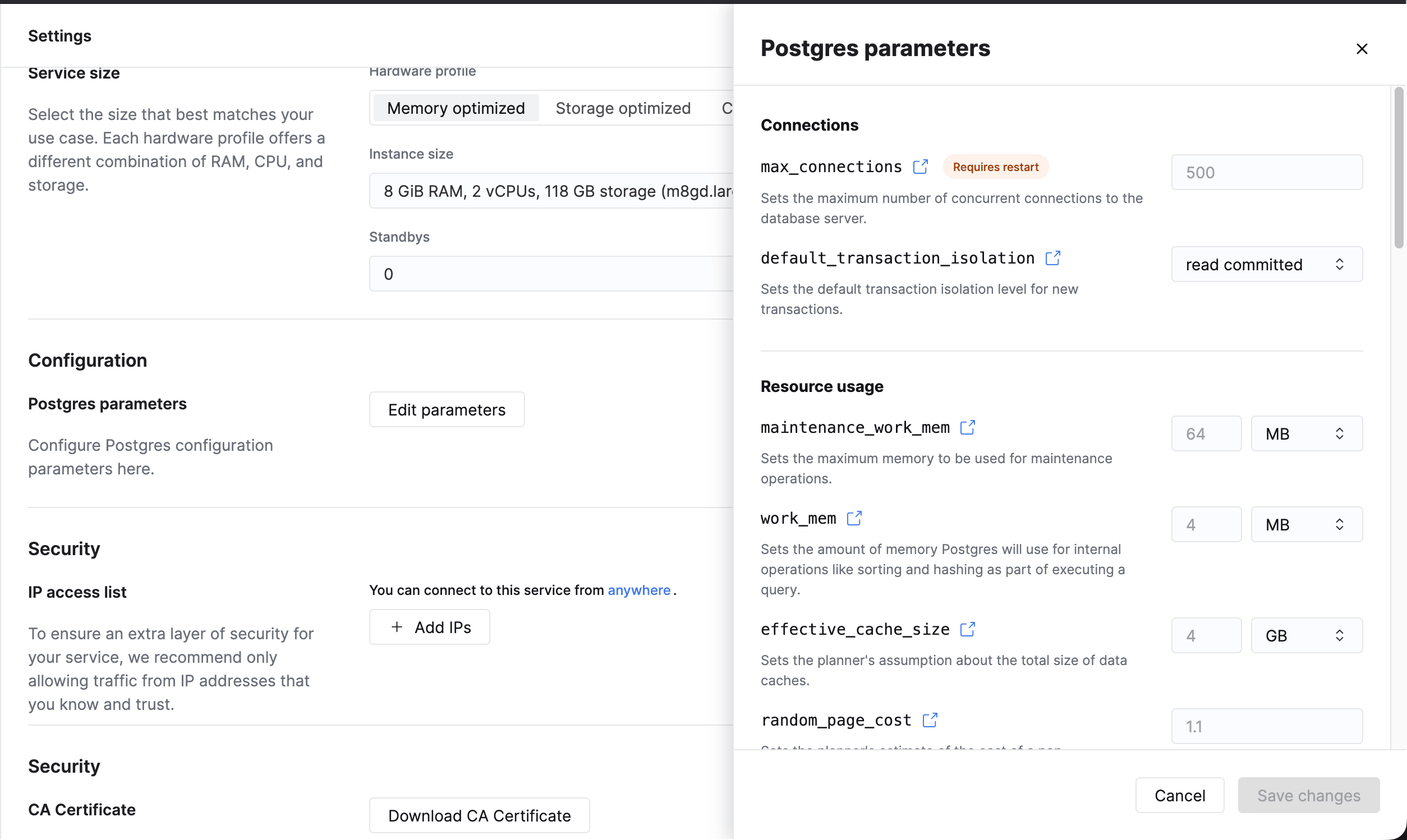 Postgres parameters configuration