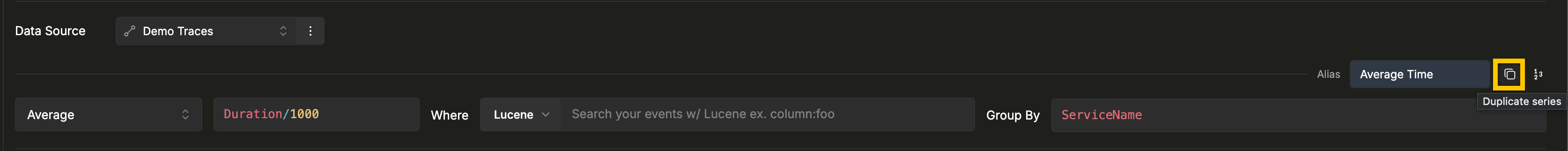 The Duplicate series copy icon and its tooltip on a chart series row
